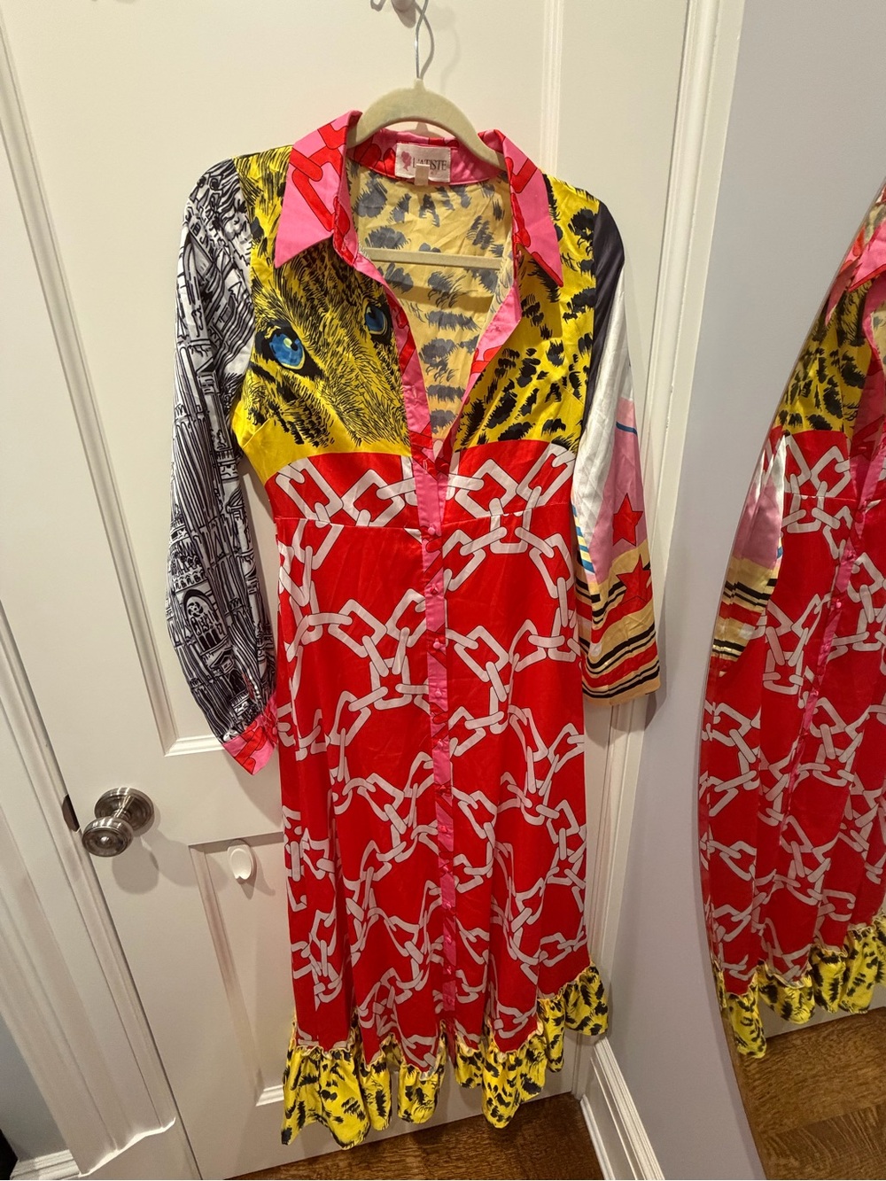 L'ATISTE Mixed-Print Long Sleeve Button Dress in Red, Yellow and Pink